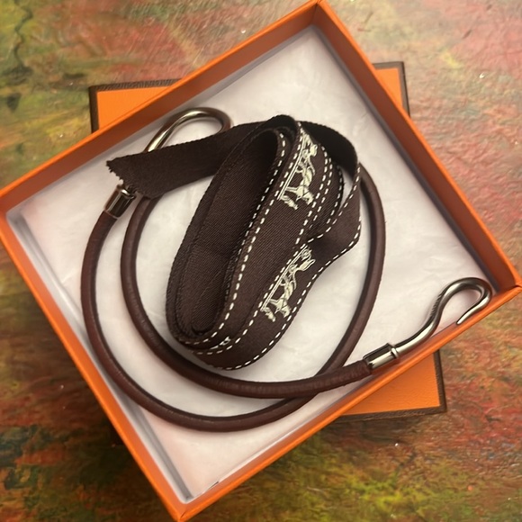 Hermes Hook Bracelet Jumbo Metal Logo Silver Color Brown Leather Chocker 15" - Picture 13 of 13